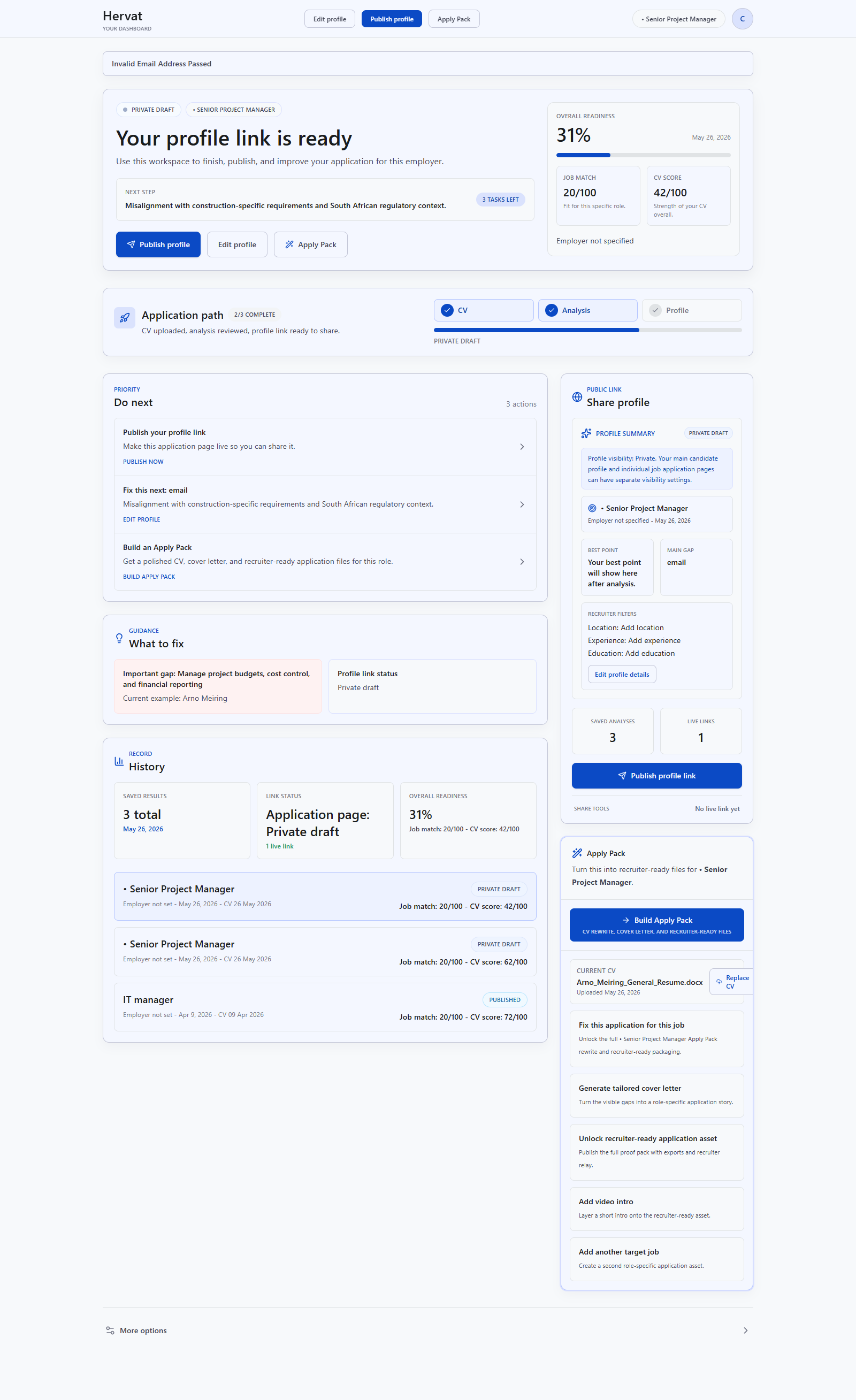 Hervat dashboard showing readiness, job match, next steps, history, and publishing controls