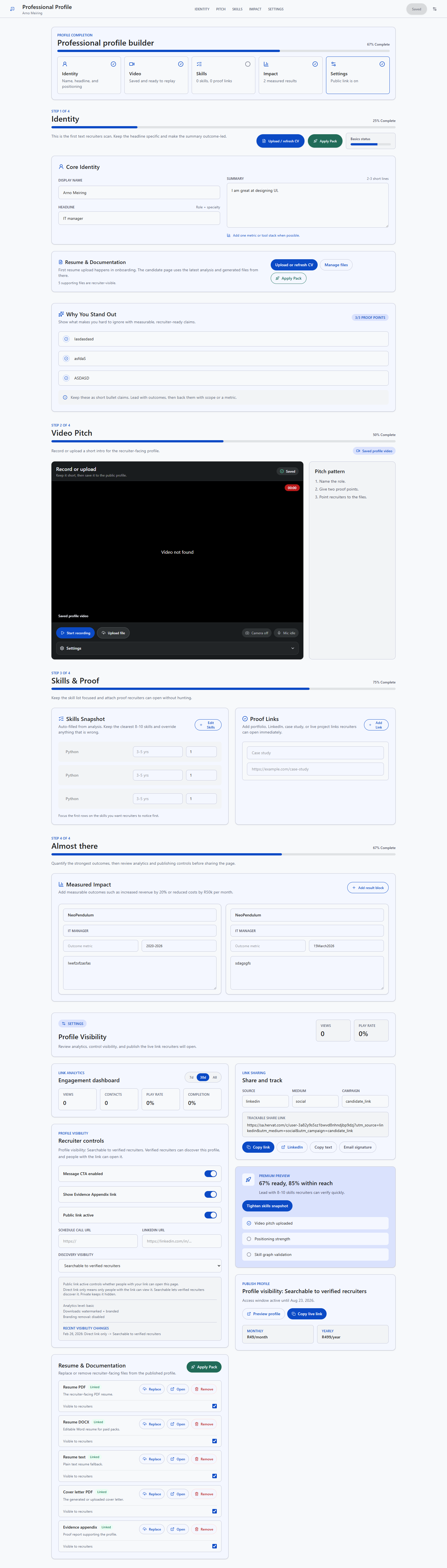 Hervat proof-profile builder with identity, video, skills, impact, and visibility sections